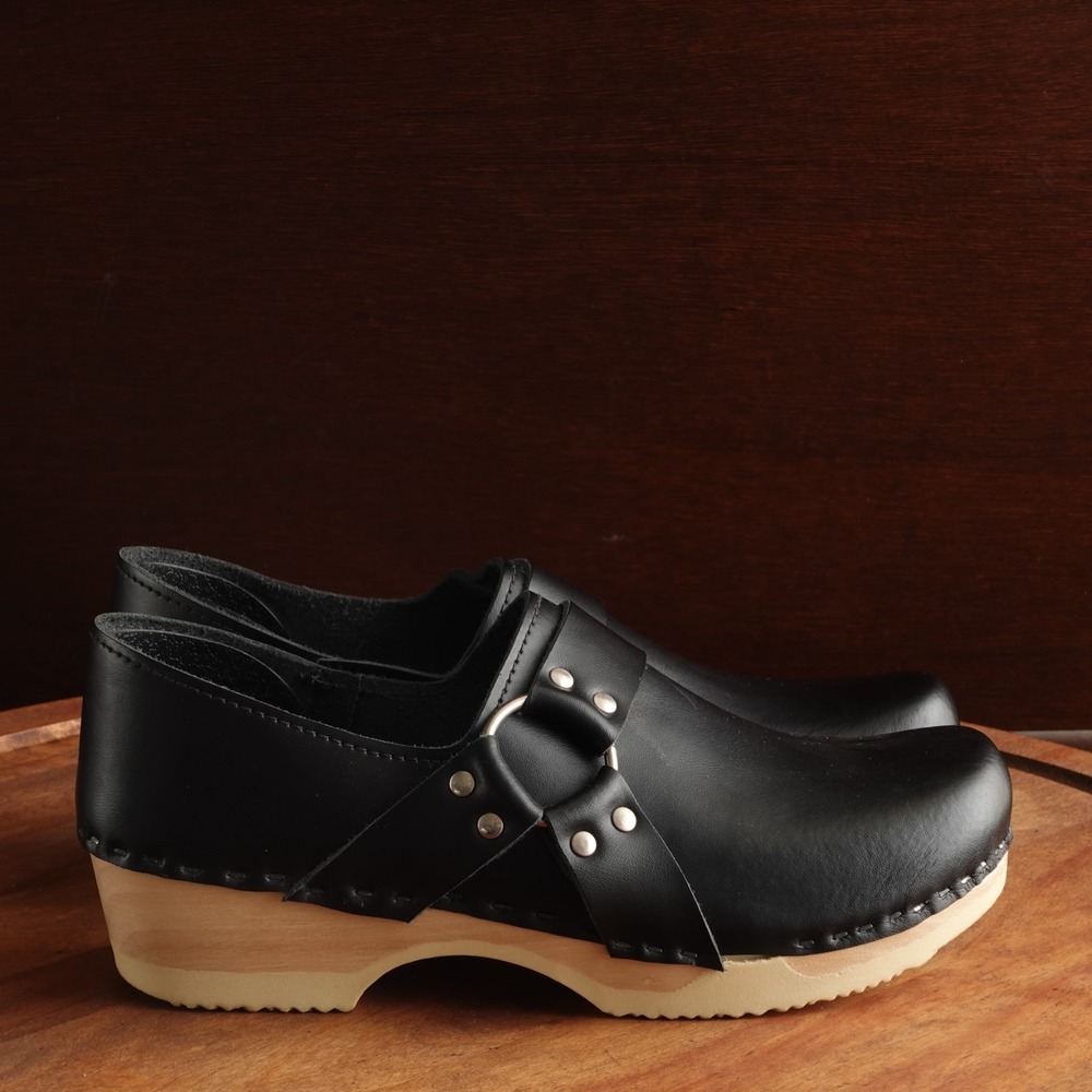 Black Leather Slip-On Clog with Wooden Sole